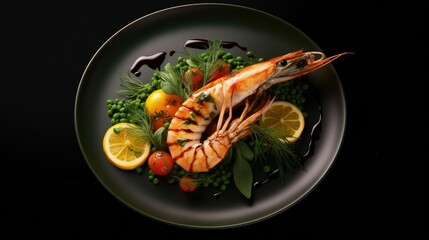 Poster - food fish elegant gourmet black plate top view lunch dinnerdish meal fine dining closeup green sea seafood shrimp beautiful modern