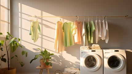 Poster - Clean laundry hanging on drying rack indoors