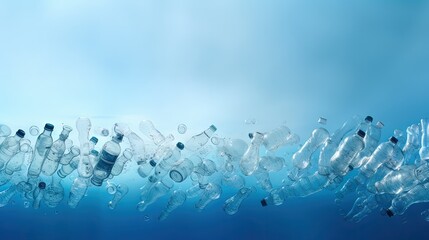 Poster - Used crushed pet plastic bottles on blue background, recycling and environment concept copy space