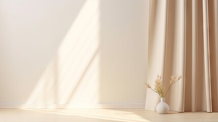 Poster - Minimalistic abstract gentle light beige background for product presentation with light and shadow of window curtains on wall.