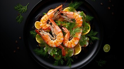 Poster - food fish elegant gourmet black plate top view lunch dinnerdish meal fine dining closeup green sea seafood shrimp beautiful modern