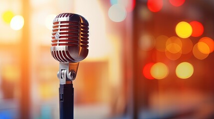 Canvas Print - Retro microphone against blur colorful light restaurant background