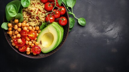 Poster - vegan bowl. Avocado, quinoa, sweet potato, tomato, spinach and chickpeas vegetables salad. Buddha Bowl. Long banner format, top view.