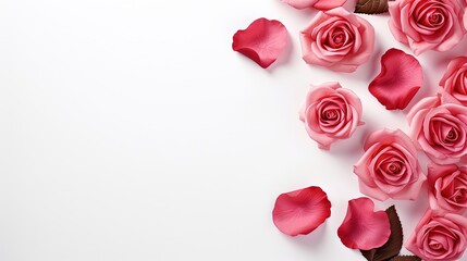 Fototapete - Rose and petals roses on a white background. Overhead top view, flat lay. Copy space. Birthday, Mother's, Valentines, Women's, Wedding Day concept.
