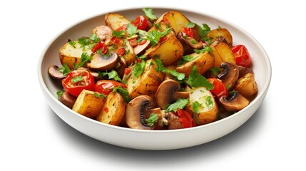Aufkleber - Restaurant food - roasted potatoes with vegetables and mushrooms, parsley isolated at white background. Top view.