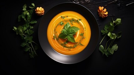 Poster - Pumpkin and carrot soup with cream and basil in black plate over dark background Top view Copy space