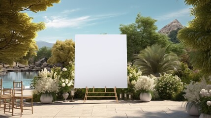 Leinwandbilder - Wedding white Board, welcome sign, Seating chart Mockup , outdoors. Greeting template with clipping path. 3D rendering