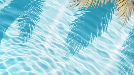 Poster - Aqua waves and coconut palm shadow on blue background. Water pool texture top view.Tropical summer mockup design. Luxury travel holiday. 3d render