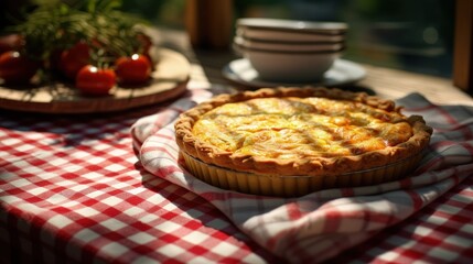Poster - Quiche Lorraine, french pie pastry with striped napkin in rattan basket, selective focus