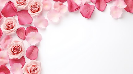 Fototapete - Rose and petals roses on a white background. Overhead top view, flat lay. Copy space. Birthday, Mother's, Valentines, Women's, Wedding Day concept.