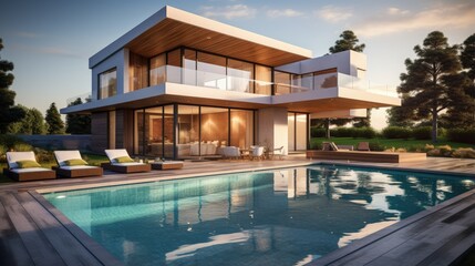 Poster - Luxurious modern house with swimming pool and backyard