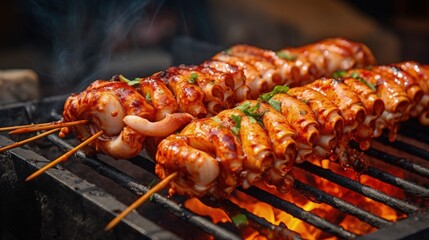 Aufkleber - Grilled squid. Grilled squid on a skewer on a delicious barbecue is a Thai street food. Grilled seafood. Selective focus
