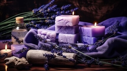 Poster - Lavender spa. Essential oils, sea salt, towels and handmade soap. Natural herb cosmetic with lavender flowers