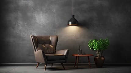 Aufkleber - Style loft interior with leather armchair on dark cement wall.3d rendering