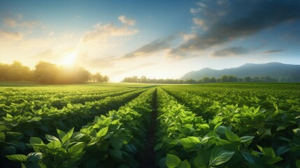 Poster - Soy field and soy plants in early morning light. Soy agriculture