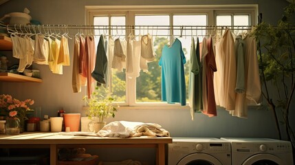 Poster - Clean laundry hanging on drying rack indoors