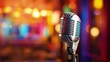 Retro microphone against blur colorful light restaurant background