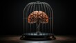 Psychiatry and psychology, helpless mind and hopeless mental state, consciousness and depression conceptual idea with a human brain in a dark cage isolated on black background with copyspace
