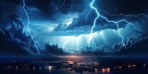 Wall Mural - bright lightning that lit up the dark night sky during an electrical storm. thunderstorm concept by 