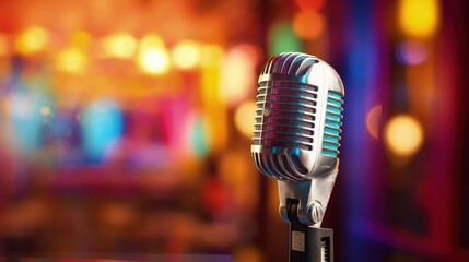 Aufkleber - Retro microphone against blur colorful light restaurant background