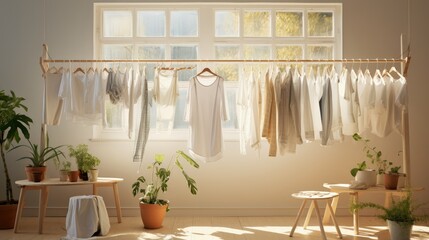 Poster - Clean laundry hanging on drying rack indoors