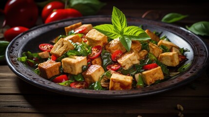 Wall Mural - Stir fried tofu mixed with basil and chilies as traditional Thai food for vegetarian food to healthy, Chinese vegetarian food festival