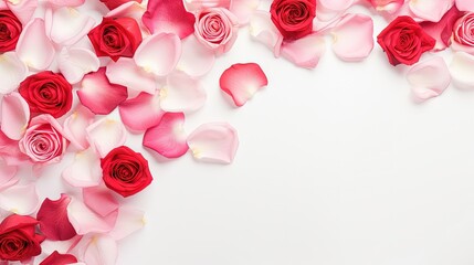 Fototapete - Rose and petals roses on a white background. Overhead top view, flat lay. Copy space. Birthday, Mother's, Valentines, Women's, Wedding Day concept.