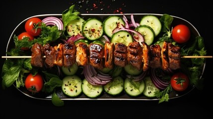 Wall Mural - Grilled meat skewers, shish kebab and healthy vegetable salad of fresh tomato, cucumber, onion, spinach, lettuce and sesame on black background, top view