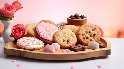Aufkleber - Board with tasty cookies for Valentine's Day celebration on light background, closeup