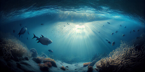 Wall Mural - Underwater world; the sun's rays illuminate the seabed through the water. AI generated.