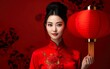 Happy Spring Festival Poster. Chinese New Year banner template. Pretty Asian woman in traditional red clothes holding a red lantern on bright red background, copy space. AI Generative