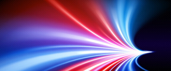 Poster - Blur and glow effect of lights when race at high speed. Pink and blue luminous dynamic trail of fast flare movement. Realistic vector illustration of energy flash driving on black background.