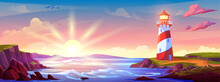 Island Sea Coast With Lighthouse On Sunset Vector Illustration. Light House Above Pink Sky And Yellow Sun Beam Peaceful Seashore Landscape Background. Nautical Rock Coastline In Evening Design