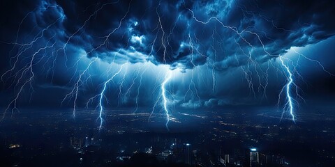 Wall Mural - bright lightning that lit up the dark night sky during an electrical storm. thunderstorm concept by 