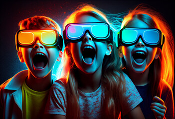 Three teenage kids have fun watching computer animation in virtual reality glasses. Festival neon background. AI generated.