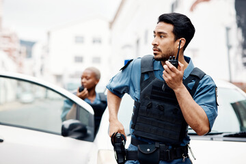 Poster - Police, emergency and officer with gun calling backup for an investigation or law protection in city or urban town. Criminal, radio and legal service team or security on duty for justice enforcement