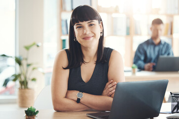 Leinwandbilder - Portrait, smile and business woman with arms crossed in office ready for company goals. Leader, boss and happy or confident female entrepreneur from Canada with vision, mission or success mindset.