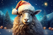 Close-up Of A Sheep With Santa Hat, Christmas Trees And Decorations In The Snow, Winter Night Scene