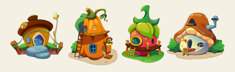 Wall Mural - Fantasy dwarf houses set isolated on white background. Vector cartoon illustration of acorn, pumpkin, strawberry, mushroom huts with wooden doors, windows, ladders and roofs, fairytale design elements