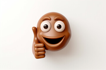 Wall Mural - Brown smiley face with thumbs up sign on white background.