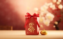 Chinese New Year Gift. Photorealistic Red Box With Blurred Sakura On The Background
