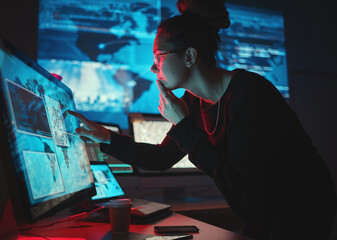 Aufkleber - Woman, hacker and pc with thinking, night and ideas for analysis, cyber crime or brainstorming by monitor. Information technology expert, screen and dashboard with ransomware with phishing for data