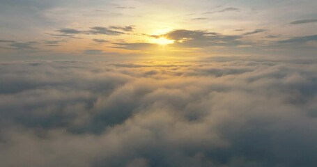 Wall Mural - Aerial4K drone in sky is raising above from the thick fog above the beautiful ocean of clouds at sunrise. Sun is rising above the endless sea of clouds until the horizon. Amazing nature landscape