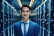 Portrait of Data Center Engineer standing by supercomputer server cabinets in data center, Data protection network for cyber security