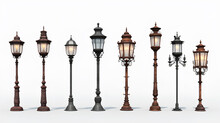 Set Collection Of Antique Street Lamps On White Background