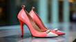 Coral Pink Stilettos with White Tips and Gold Bow Accents, Set Against a Blurred Urban Background.