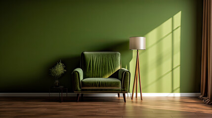 Empty green room interior with gray armchair, parquet floor and wall mock up.