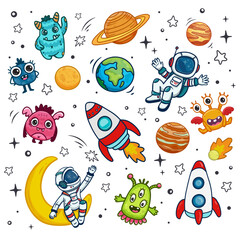 Wall Mural - set of cosmos in doodle style: astronaut, planets, stars, rocket and alien, monster for design. scie