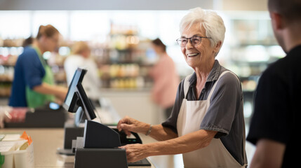 A happy supermarket cashier at work