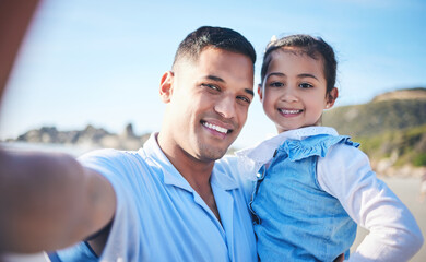 Father, girl child and beach selfie for portrait, smile and memory together in summer, vacation and outdoor. Man, young daughter and happy for photography, profile picture and holiday on social media